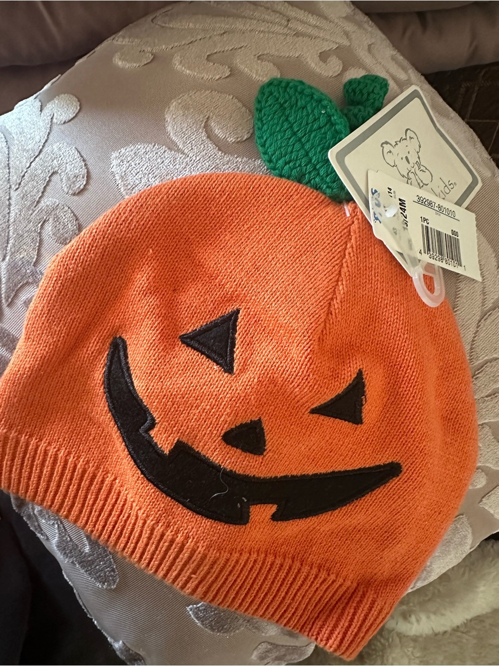 Koala Kids Orange Pumpkin Beanie with Green Leaf
